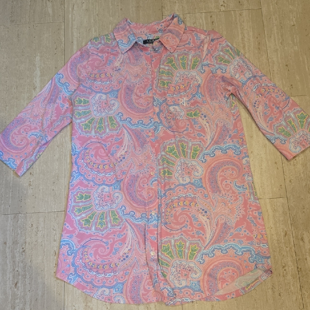 LAUREN Ralph Lauren Pink Paisley Print Button-Down Sleep/Lounge Shirt